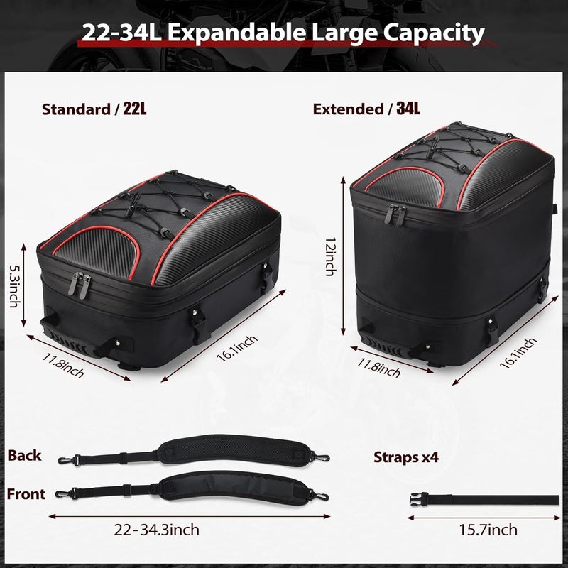 ZZM Expandable Motorcycle Rear Seat Luggage - 22L-34L with Rain Cover, Dual Use Helmet Bags for Motorbike Weekender Travel, Black - Image 2